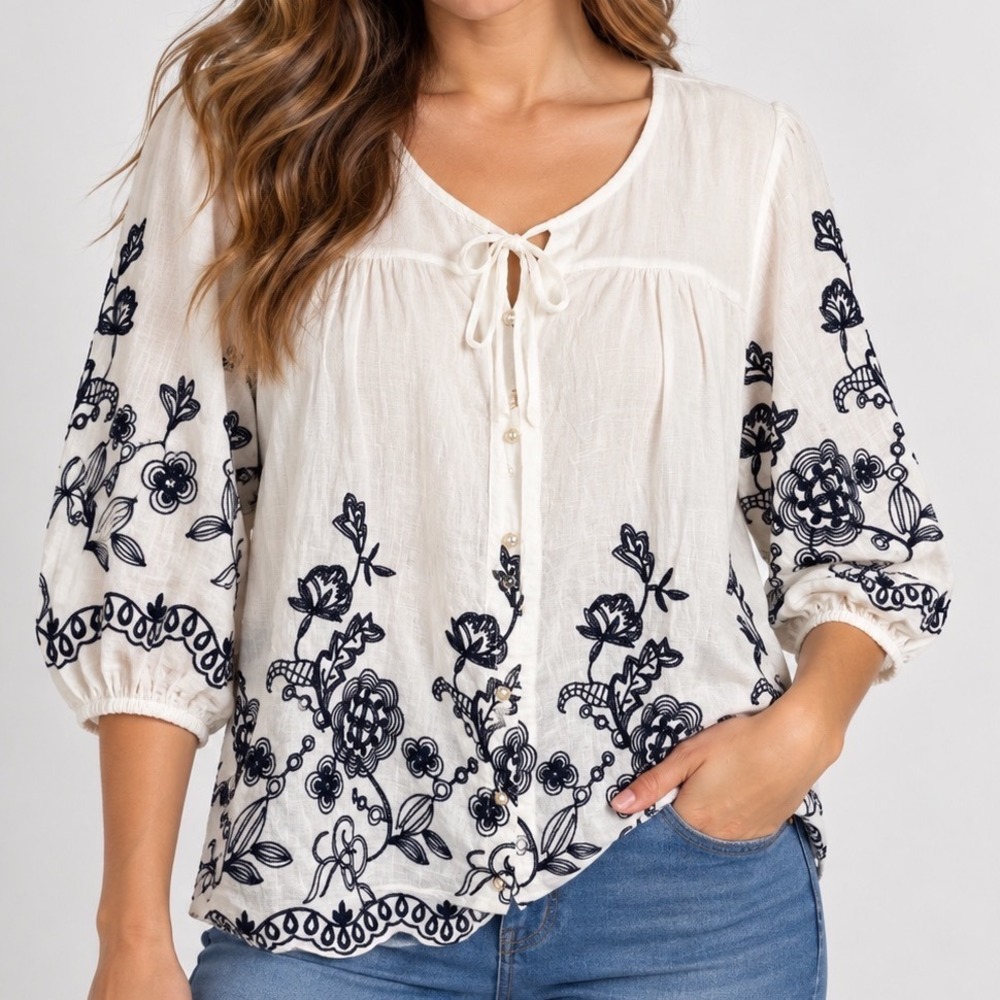 Ana & Rose XL White Black Embroidered Lagenlook Tunic Pearl Button Boho Top